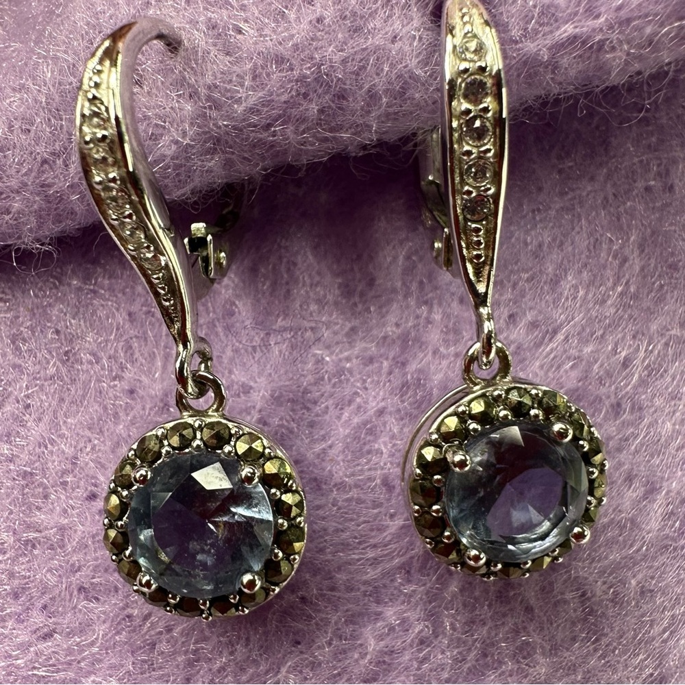 Judith Jack 925 Sterling Silver Marcasite and crystal drop earrings. - Picture 6 of 9